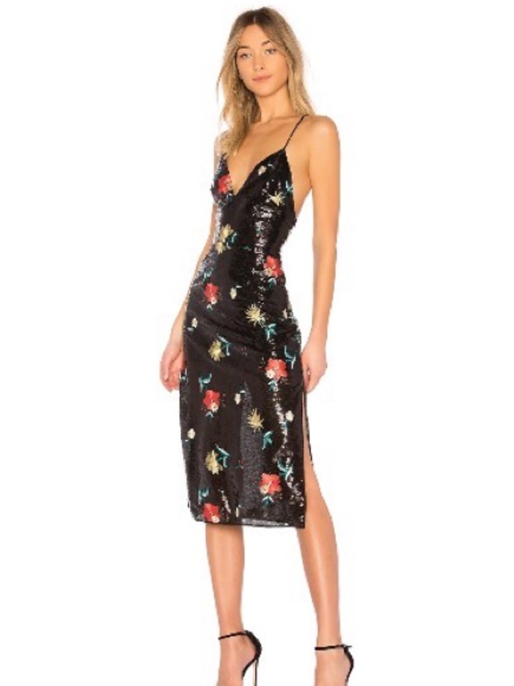 Lovers + Friends Black Sequin Midi Slip Dress with Floral Embroidery